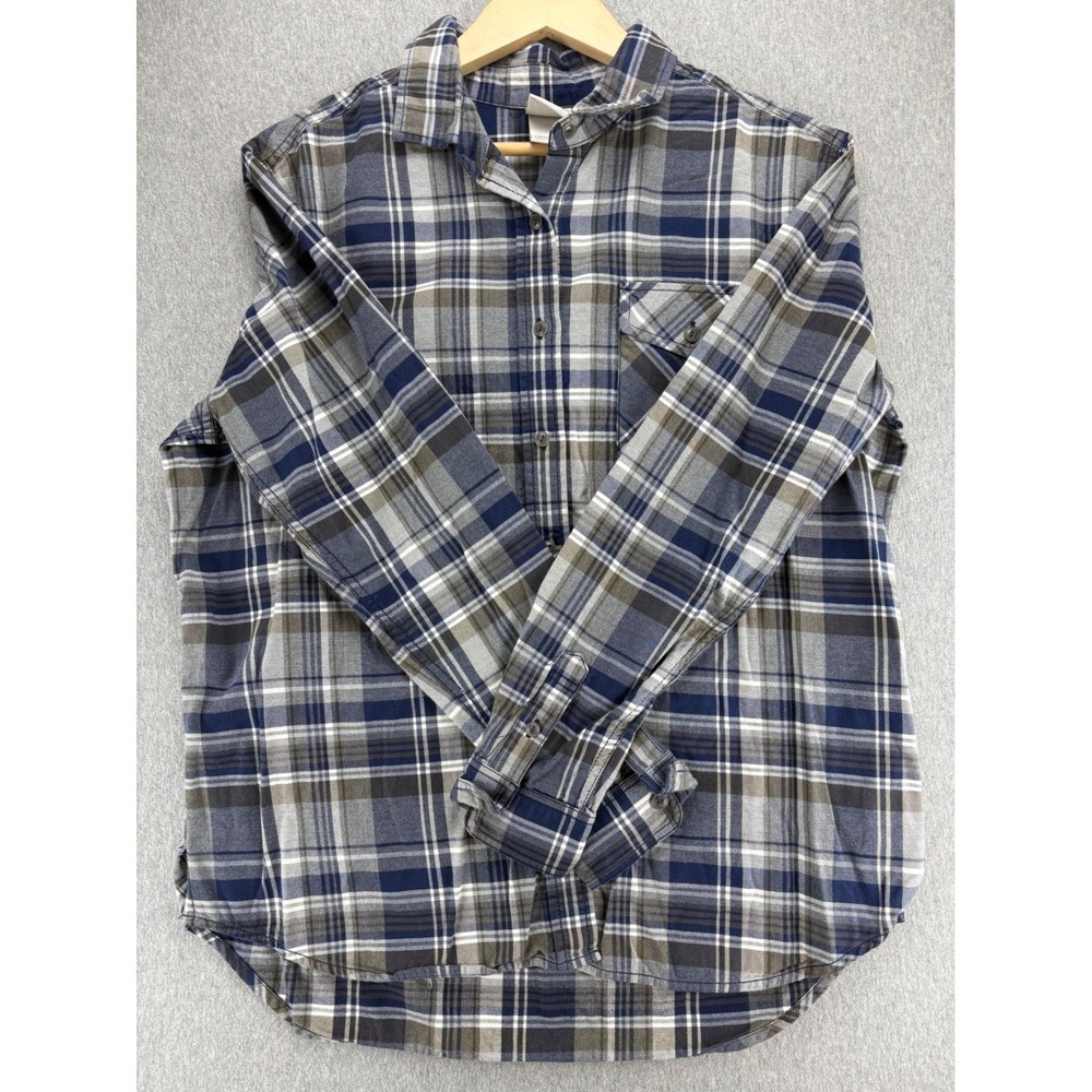 North Face Flannel Shirt Womens M Button Up Plaid Long Sleeve Blue Gray Outdoor